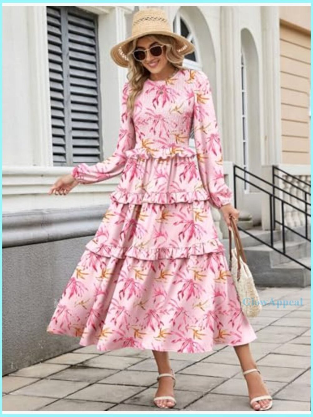 Smocked Maxi Dress Long Puff Sleeve Tiered Ruffle Boho Wedding Guest - Picture 3 of 7